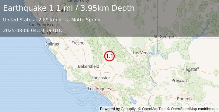 Earthquake 24 km NNW of Searles Valley, CA (1.1 ml) (2025-08-06 04:10:19 UTC)