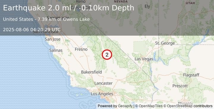 Earthquake 20 km NE of Olancha, CA (2.0 ml) (2025-08-06 04:20:29 UTC)