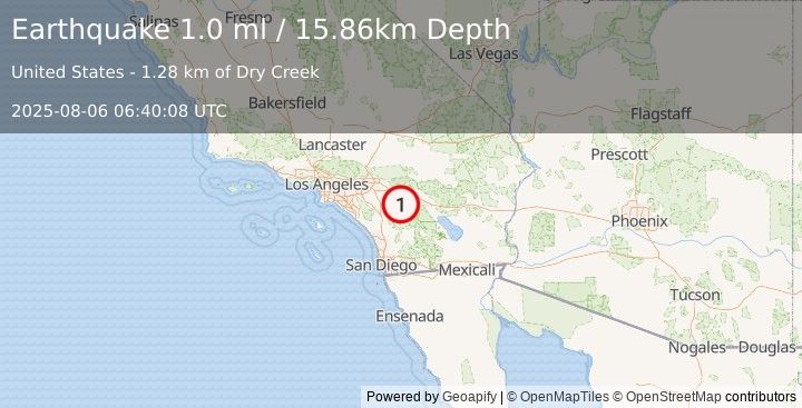 Earthquake 6 km WSW of Idyllwild, CA (1.0 ml) (2025-08-06 06:40:08 UTC)