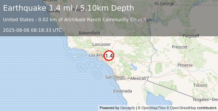 Earthquake 5 km SE of Ontario, CA (1.4 ml) (2025-08-06 08:18:33 UTC)