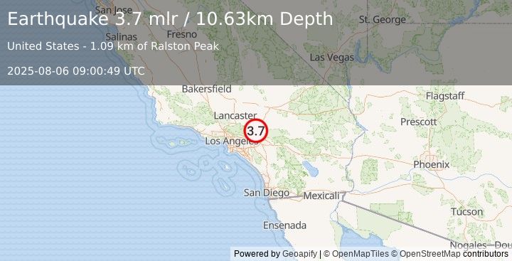 Earthquake 6 km N of Lytle Creek, CA (3.7 mlr) (2025-08-06 09:00:49 UTC)