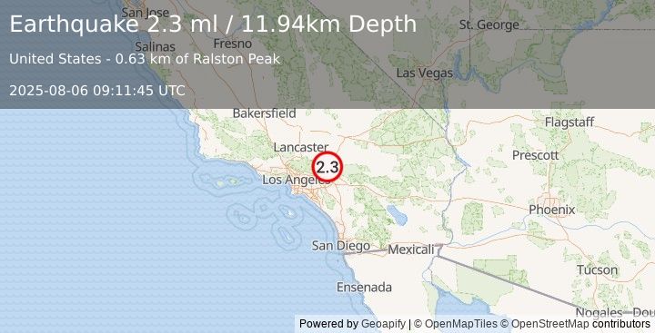 Earthquake 5 km N of Lytle Creek, CA (2.3 ml) (2025-08-06 09:11:45 UTC)