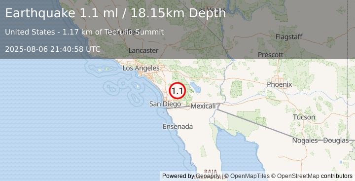 Earthquake 8 km SSE of Warner Springs, CA (1.1 ml) (2025-08-06 21:40:58 UTC)