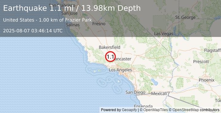 Earthquake 1 km NNW of Frazier Park, CA (1.1 ml) (2025-08-07 03:46:14 UTC)