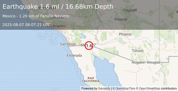 Earthquake 6 km NE of Puebla, B.C., MX (1.6 ml) (2025-08-07 08:07:21 UTC)