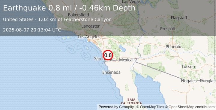 Earthquake 10 km NE of Lakeside, CA (0.8 ml) (2025-08-07 20:13:04 UTC)