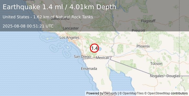 Earthquake 17 km SSW of Oasis, CA (1.4 ml) (2025-08-08 00:51:21 UTC)