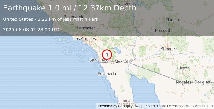 Earthquake 2 km SE of Julian, CA (1.0 ml) (2025-08-08 02:28:00 UTC)