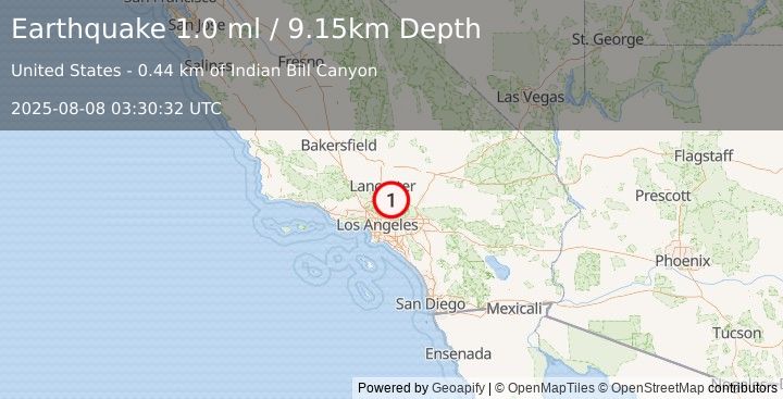 Earthquake 6 km SW of Pearblossom, CA (1.0 ml) (2025-08-08 03:30:32 UTC)