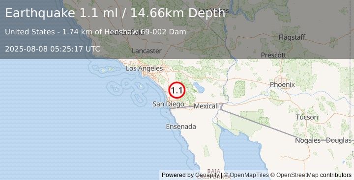 Earthquake 2 km WSW of Lake Henshaw, CA (1.1 ml) (2025-08-08 05:25:17 UTC)