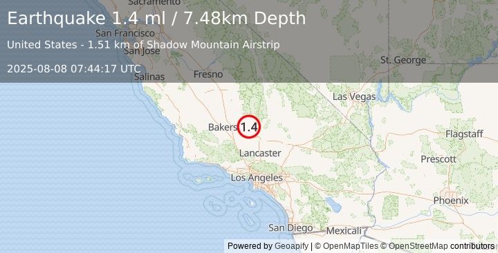 Earthquake 23 km S of Bodfish, CA (1.4 ml) (2025-08-08 07:44:17 UTC)