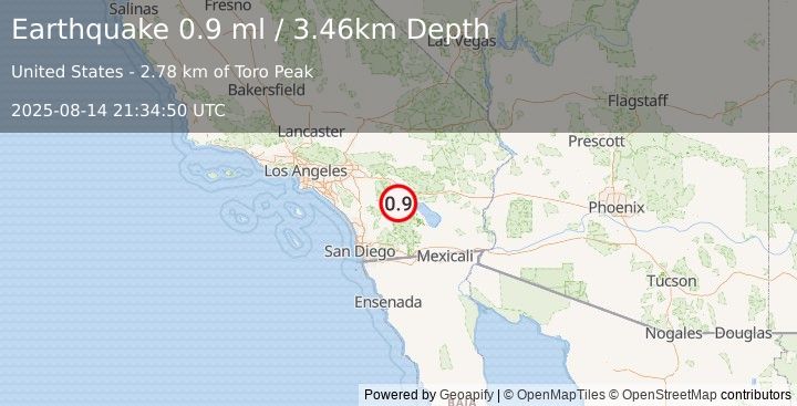Earthquake 18 km SSW of La Quinta, CA (0.9 ml) (2025-08-14 21:34:50 UTC)