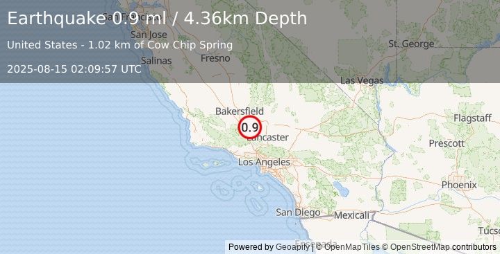 Earthquake 21 km NE of Lebec, CA (0.9 ml) (2025-08-15 02:09:57 UTC)