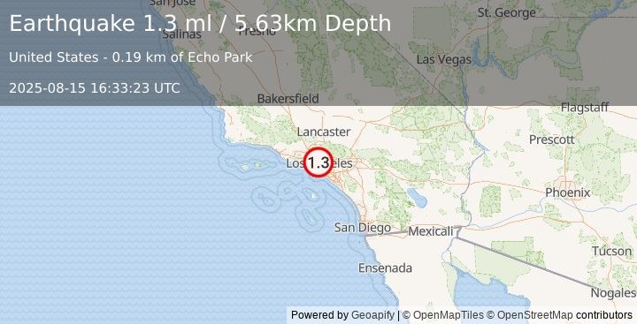 Earthquake 0 km WSW of Echo Park, CA (1.3 ml) (2025-08-15 16:33:23 UTC)