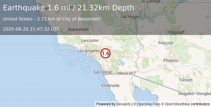 Earthquake 6 km S of Beaumont, CA (1.6 ml) (2025-08-20 21:47:32 UTC)