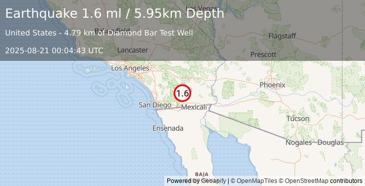 Earthquake 15 km E of Ocotillo Wells, CA (1.6 ml) (2025-08-21 00:04:43 UTC)