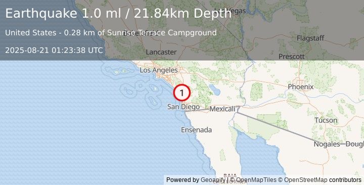 Earthquake 4 km NNE of Vista, CA (1.0 ml) (2025-08-21 01:23:38 UTC)