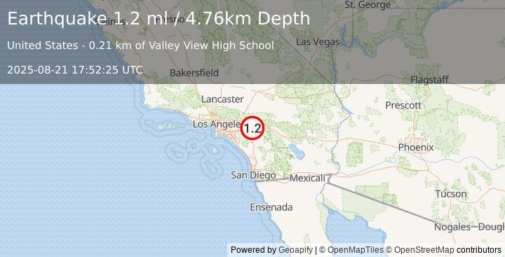 Earthquake 3 km E of Moreno Valley, CA (1.2 ml) (2025-08-21 17:52:25 UTC)