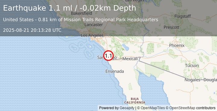 Earthquake 7 km NNW of La Mesa, CA (1.1 ml) (2025-08-21 20:13:28 UTC)
