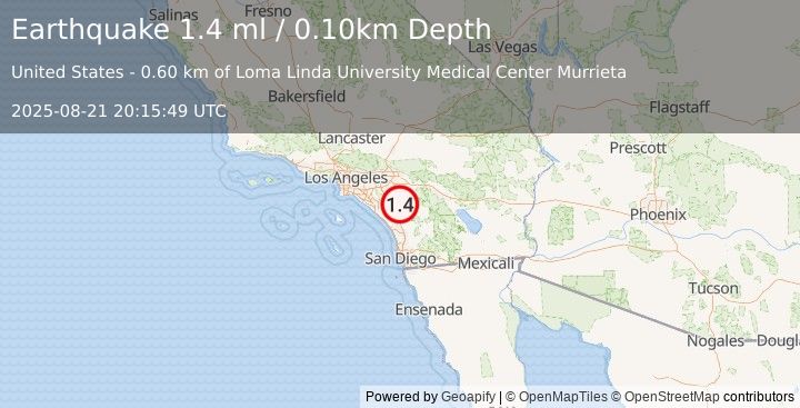Earthquake 6 km NNW of Murrieta Hot Springs, CA (1.4 ml) (2025-08-21 20:15:49 UTC)