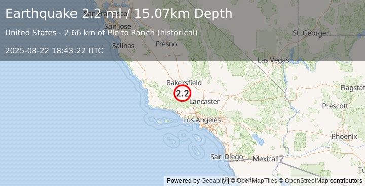 Earthquake 15 km WNW of Grapevine, CA (2.2 ml) (2025-08-22 18:43:22 UTC)