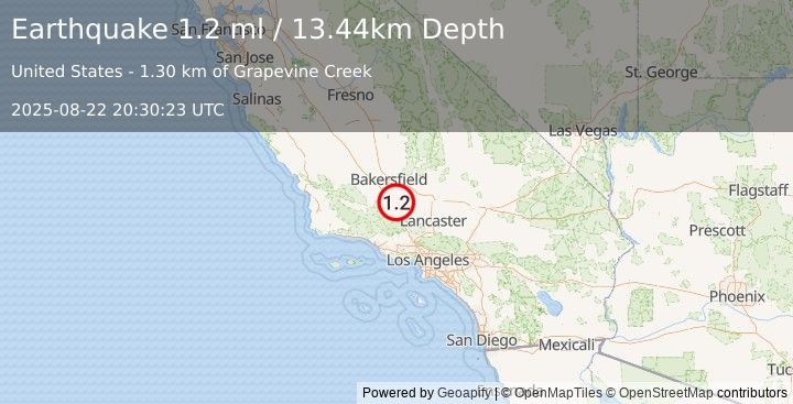 Earthquake 8 km NE of Grapevine, CA (1.2 ml) (2025-08-22 20:30:23 UTC)