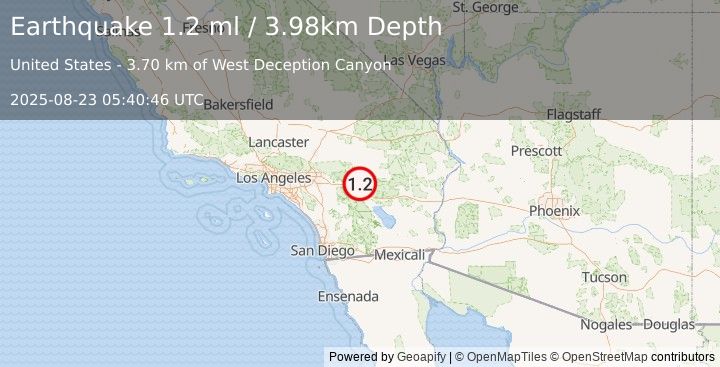 Earthquake 14 km NNE of Thousand Palms, CA (1.2 ml) (2025-08-23 05:40:46 UTC)