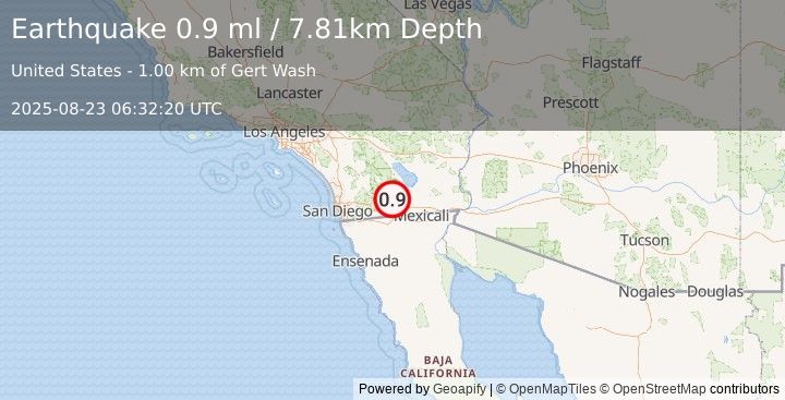 Earthquake 19 km NNW of Ocotillo, CA (0.9 ml) (2025-08-23 06:32:20 UTC)