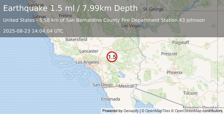 Earthquake 27 km NNW of Yucca Valley, CA (1.5 ml) (2025-08-23 14:04:04 UTC)