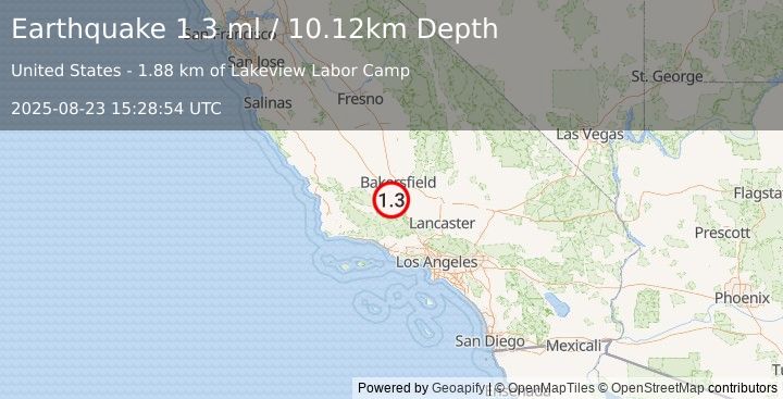Earthquake 23 km E of Maricopa, CA (1.3 ml) (2025-08-23 15:28:54 UTC)