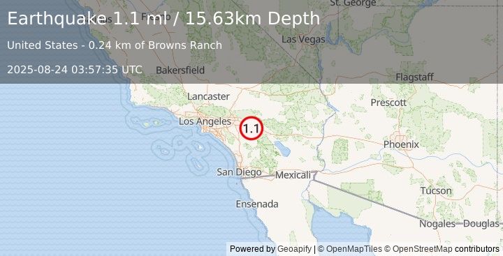 Earthquake 6 km S of Cabazon, CA (1.1 ml) (2025-08-24 03:57:35 UTC)