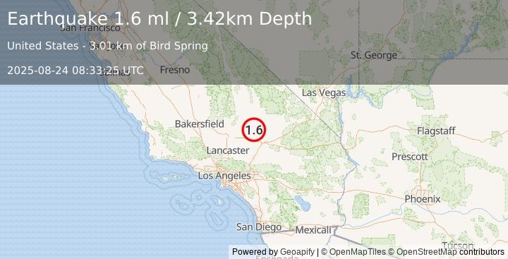 Earthquake 33 km ESE of Johannesburg, CA (1.6 ml) (2025-08-24 08:33:25 UTC)