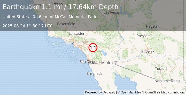 Earthquake 4 km SSW of Idyllwild, CA (1.1 ml) (2025-08-24 11:30:17 UTC)