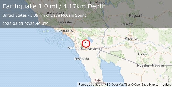 Earthquake 12 km SSW of Ocotillo Wells, CA (1.0 ml) (2025-08-25 07:29:46 UTC)