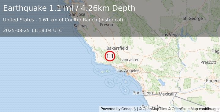 Earthquake 21 km SW of Maricopa, CA (1.1 ml) (2025-08-25 11:18:04 UTC)
