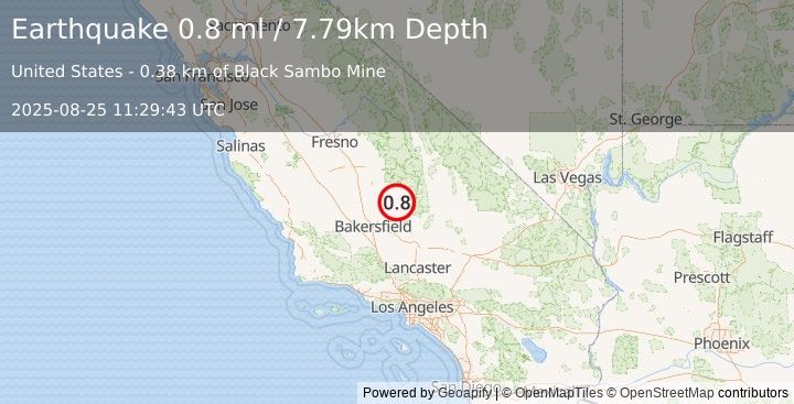 Earthquake 10 km NW of Wofford Heights, CA (0.8 ml) (2025-08-25 11:29:43 UTC)