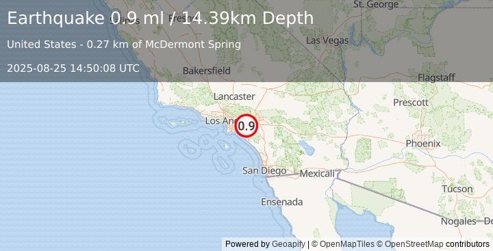 Earthquake 8 km ENE of Yorba Linda, CA (0.9 ml) (2025-08-25 14:50:08 UTC)