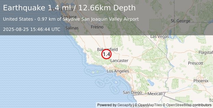 Earthquake 22 km NW of Grapevine, CA (1.3 ml) (2025-08-25 15:46:45 UTC)