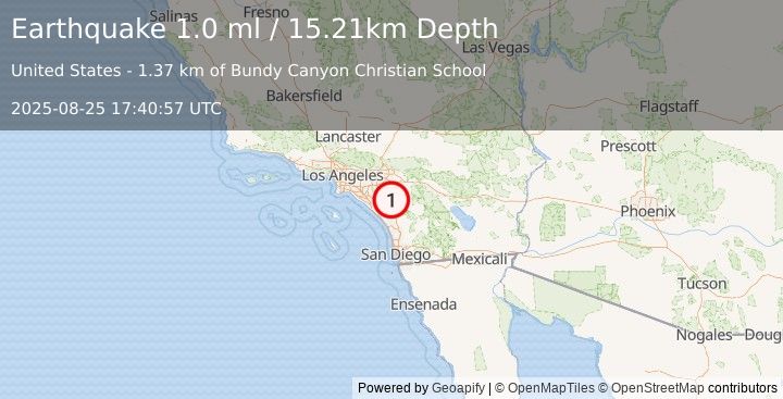 Earthquake 5 km NNE of Wildomar, CA (1.0 ml) (2025-08-25 17:40:57 UTC)