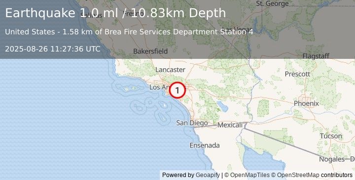 Earthquake 6 km N of Yorba Linda, CA (1.0 ml) (2025-08-26 11:27:36 UTC)