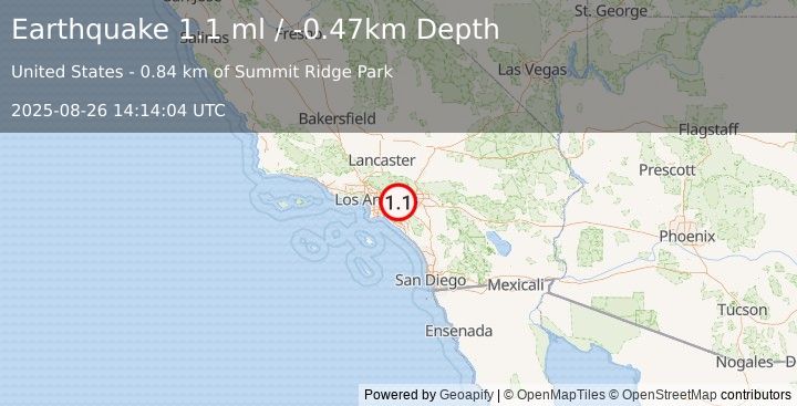 Earthquake 4 km W of Chino Hills, CA (1.1 ml) (2025-08-26 14:14:04 UTC)