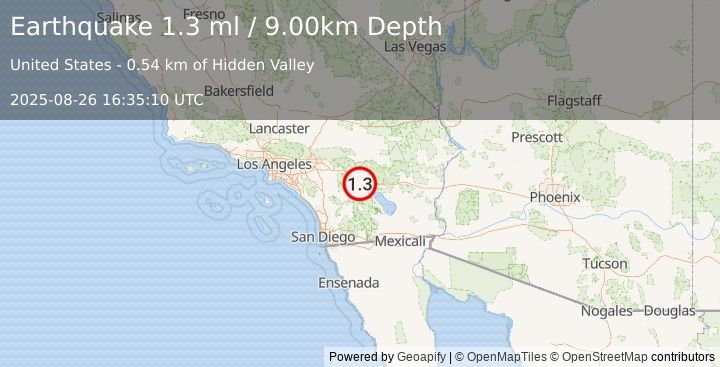 Earthquake 4 km SSE of Palm Desert, CA (1.3 ml) (2025-08-26 16:35:10 UTC)
