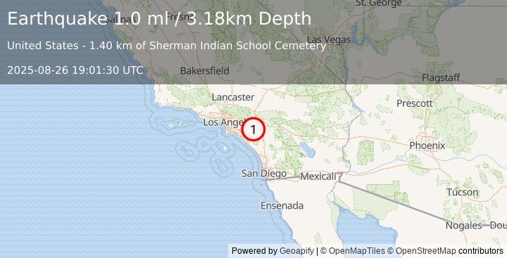 Earthquake 3 km ESE of Home Gardens, CA (1.0 ml) (2025-08-26 19:01:30 UTC)