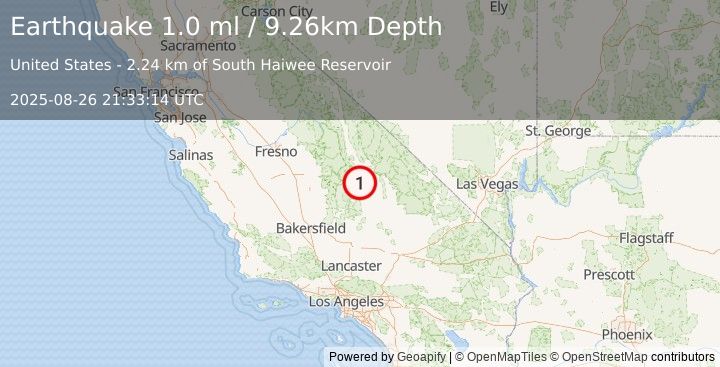 Earthquake 13 km N of Coso Junction, CA (1.0 ml) (2025-08-26 21:33:14 UTC)