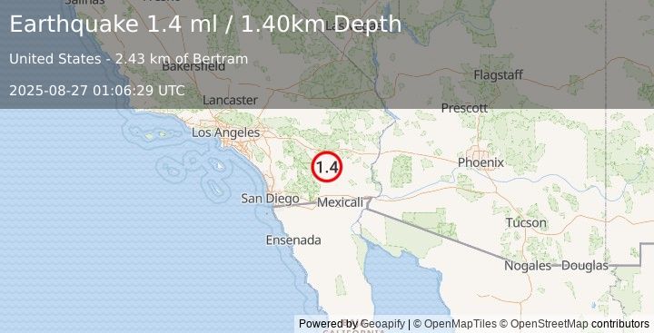 Earthquake 5 km W of Bombay Beach, CA (1.3 ml) (2025-08-27 01:06:30 UTC)