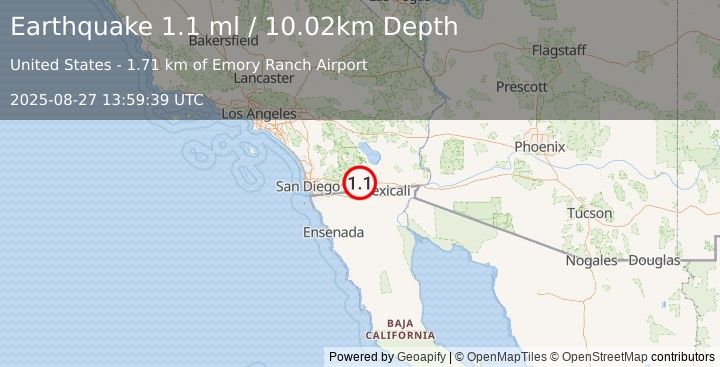 Earthquake 4 km NW of Ocotillo, CA (1.1 ml) (2025-08-27 13:59:39 UTC)