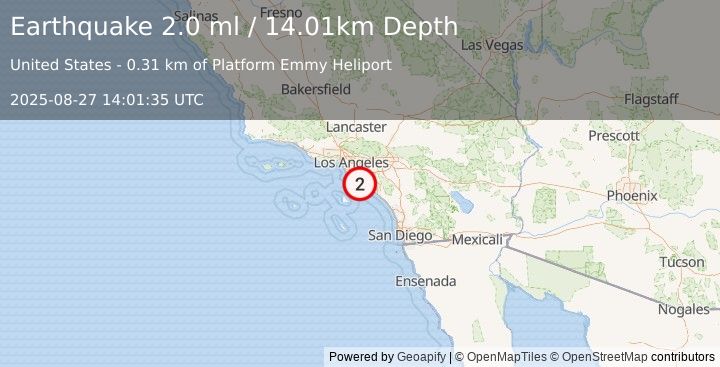 Earthquake 6 km SW of Huntington Beach, CA (2.0 ml) (2025-08-27 14:01:35 UTC)