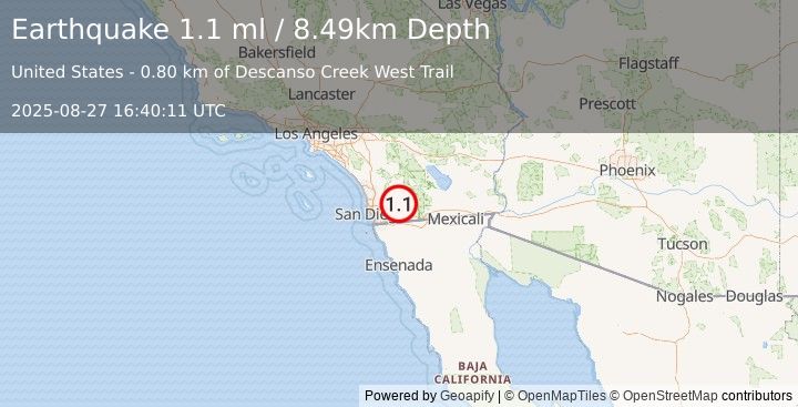 Earthquake 10 km NW of Pine Valley, CA (1.1 ml) (2025-08-27 16:40:11 UTC)