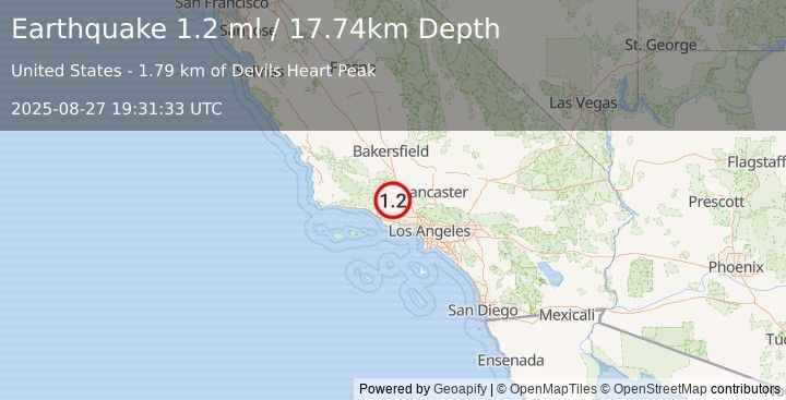 Earthquake 19 km NNW of Fillmore, CA (1.2 ml) (2025-08-27 19:31:33 UTC)