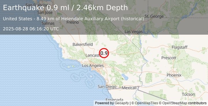 Earthquake 28 km N of Adelanto, CA (0.9 ml) (2025-08-28 06:16:20 UTC)